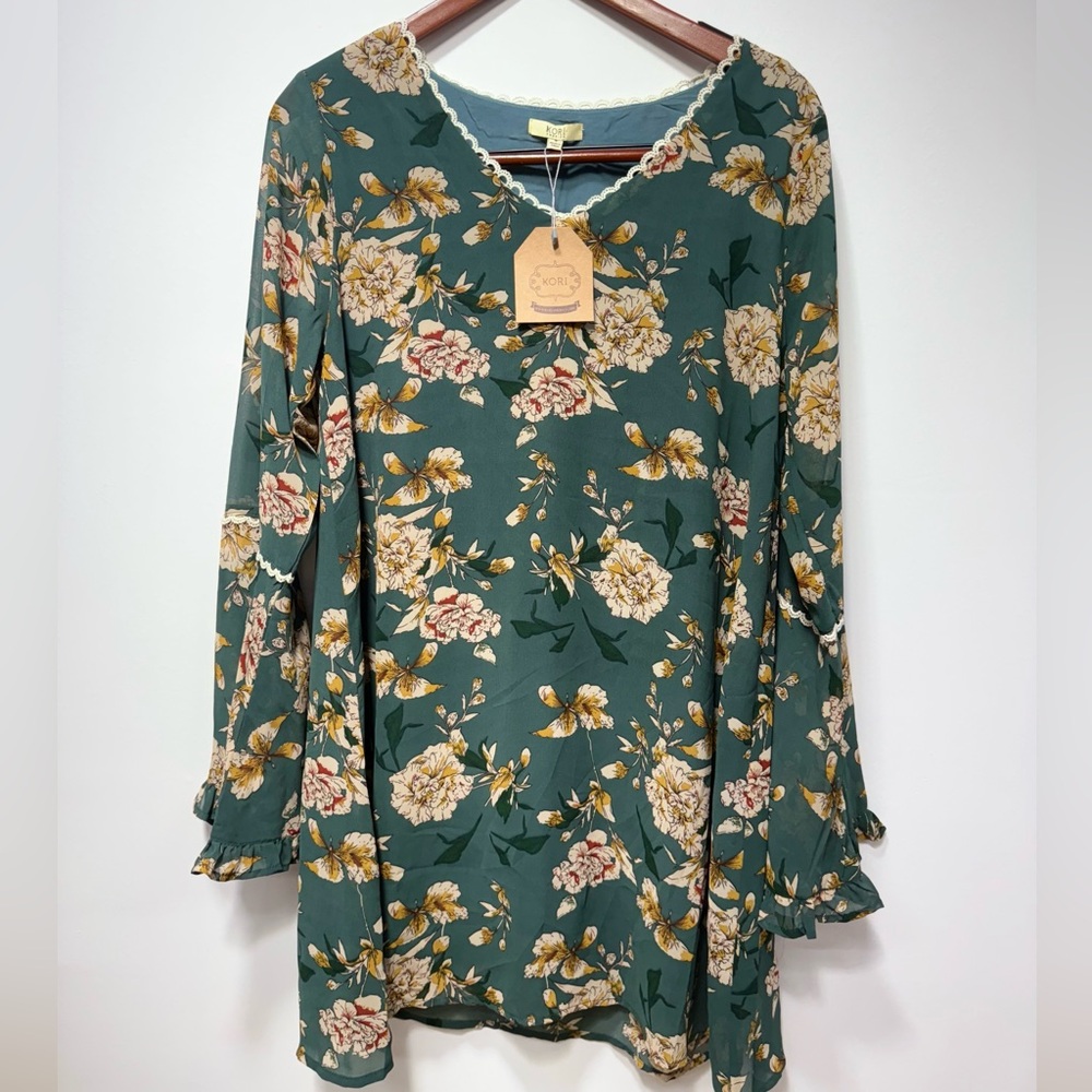 Kori Teal Floral Dress with Lace Trim